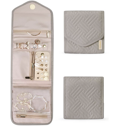 BAGSMART Travel Jewelry Organizer Case Foldable Jewelry Roll for Journey Rings, Necklaces, Earrings, Bracelets,Mini,Warm Gray