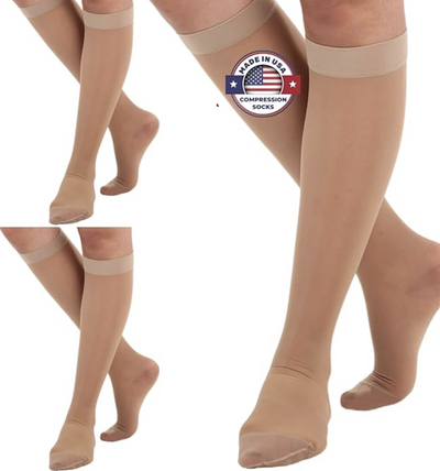 (3 Pairs - Closed Toe) Made in USA - Compression Socks for Women 15-20mmHg - Sheer Compression Knee High Stockings for Post Surgery, Pregnancy, Arthritis, Edema - Natural, Large